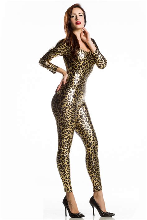 Gothic Gold Leopard Print Metallic Erotic Women Catsuit Bodysuit