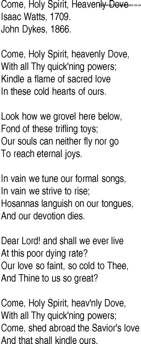 Hymn And Gospel Song Lyrics For Come Holy Spirit Heavenly Dove By