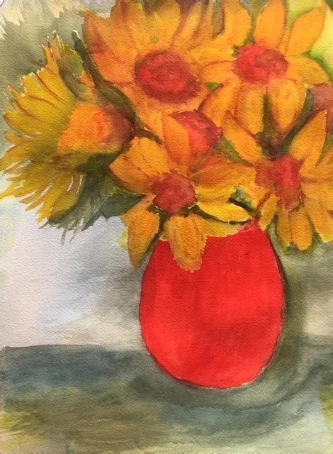 Sunflowers In Red Vase Painting By Susan Haddock