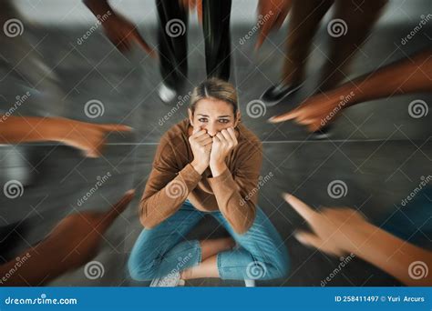 Fear, Bullying And Hands Pointing At Girl Scared, Sad And Crying For