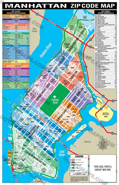 Manhattan Zip Code Map Neighborhoods Colorized Otto Maps