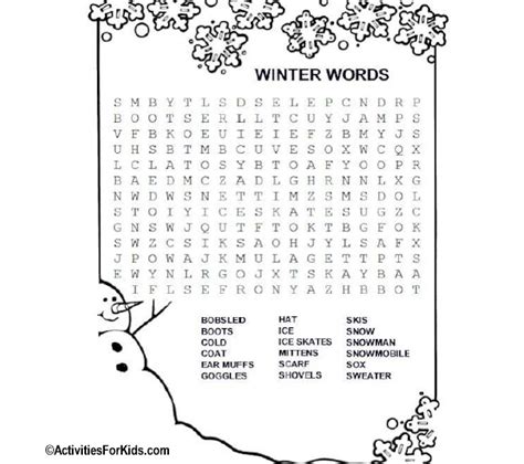 Winter Words Word Search Activities For Kids