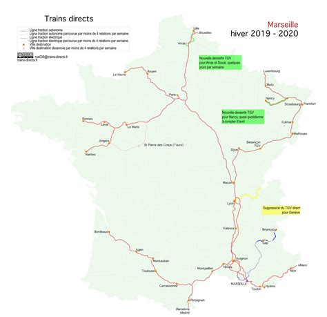 Carte des trains directs au départ de Marseille en 2020