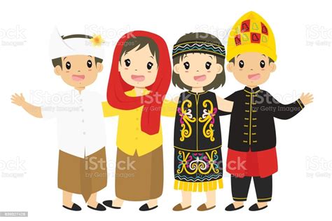 Indonesian Kids Wearing Traditional Dress Cartoon Vector
