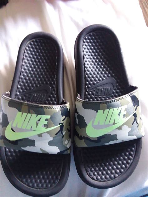 5y Nike Camo Slides Black Soles With Camo Top And Nike In Neon Green