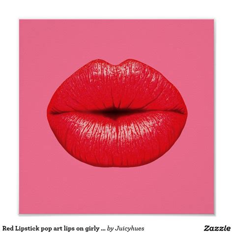 Red Lipstick Pop Art Lips On Girly Pink Poster Zazzle Pop Art Lips
