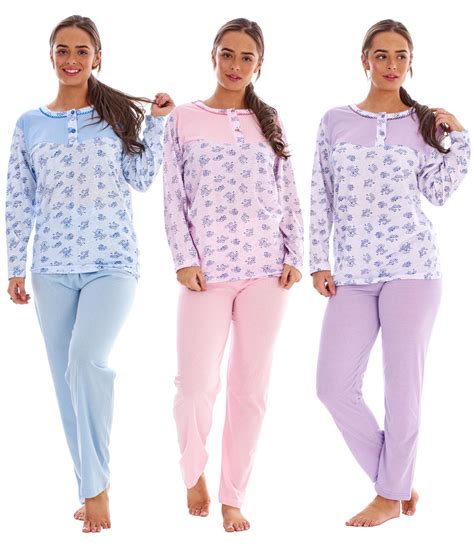 Ladies Floral Pyjama Set Crew Neck Long Sleeve Button 100 Cotton Soft Sleepwear Ebay