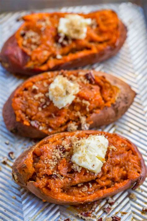 Whether you take them the savory route with a sprinkle of salt and pepper and a slice of butter or go the sweet route and top them with a little brown sugar and cinnamon and of course a little butter. Twice Baked Sweet Potatoes - Dinner, then Dessert