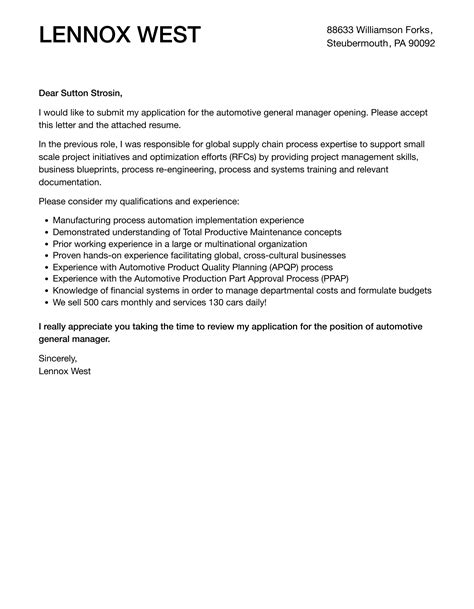 Automotive General Manager Cover Letter | Velvet Jobs