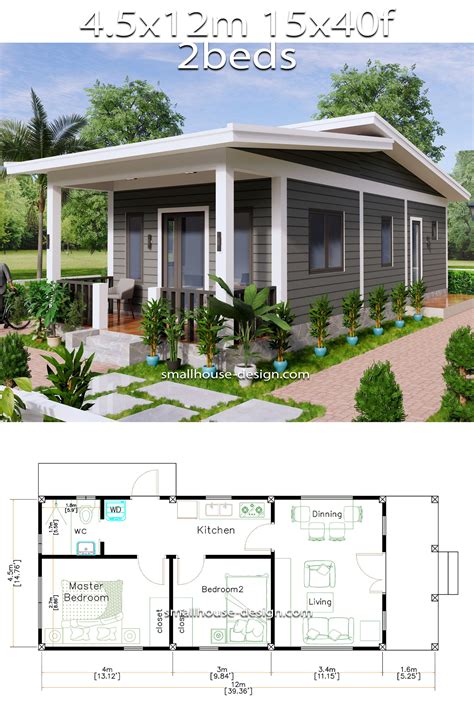 15x40 Small House Design 2 Bedrooms Shed Roof Full Detailing Plan In