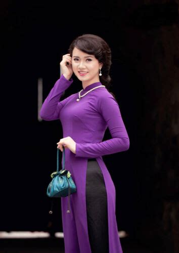 Purple Vietnam Ao Dai Custom Made Purple Thai Tuan Silk Dress Black Satin Pant Ebay