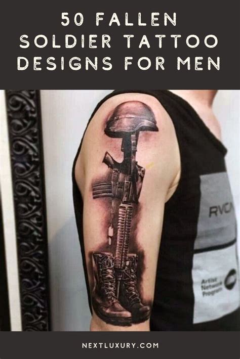 A Man With Tattoos On His Arm And The Words 50 Fallen Soldier Tattoo