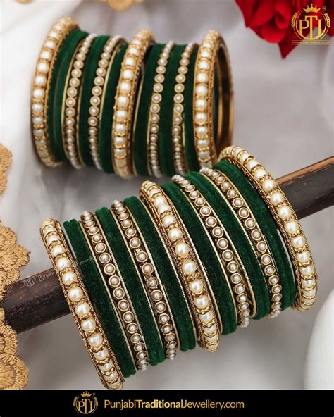 Green Thread Pearl Bangles Set Both Hand Pair Punjabi Traditional
