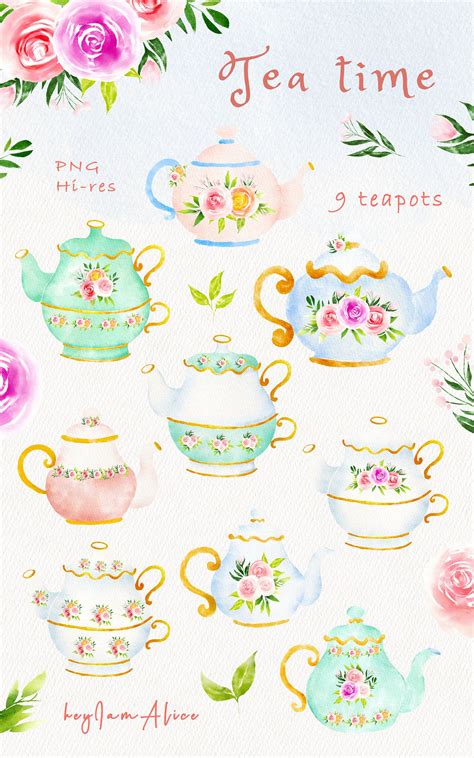 Tea Time Watercolor Clipart Free Commercial Use Tea Party Etsy Clip