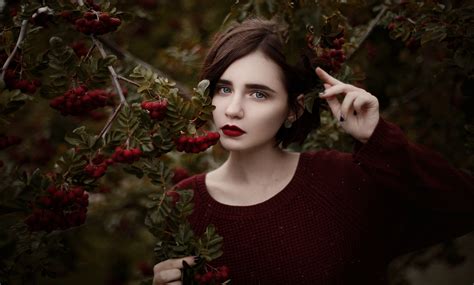 Wallpaper Women Face Portrait Depth Of Field Red Lipstick Black