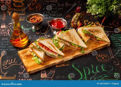 Set Of Sandwiches In A Restaurant On The Table Lunch Ready Stock