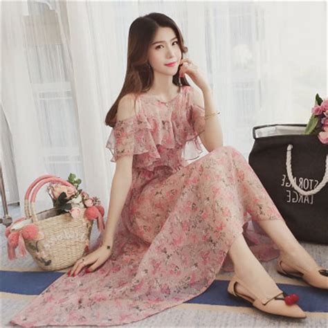 2019 New Summer Dress Women Korean Chiffon Pink Print Floral Ruffles Short Sleeve O Neck Maxi