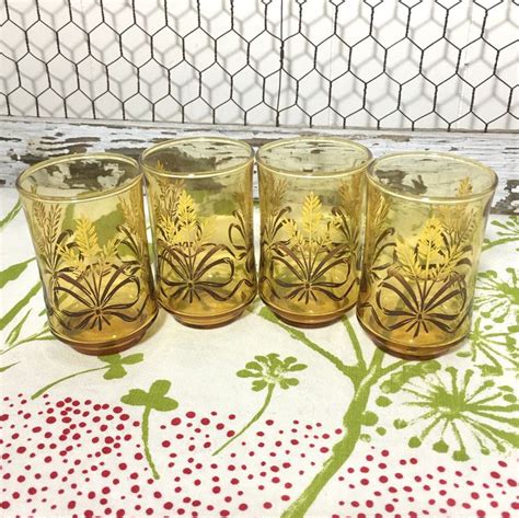 Vintage Libbey Amber Juice Glasses Wheat With Bows Juice Glasses Libbey Vintage