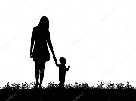 Vector Silhouette Of Mother Walking With Hand With Child