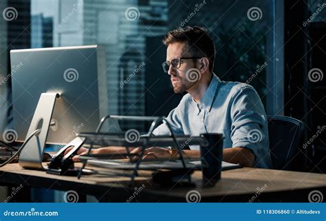 Man Working Late At Night In Office Stock Photo Image Of Executive