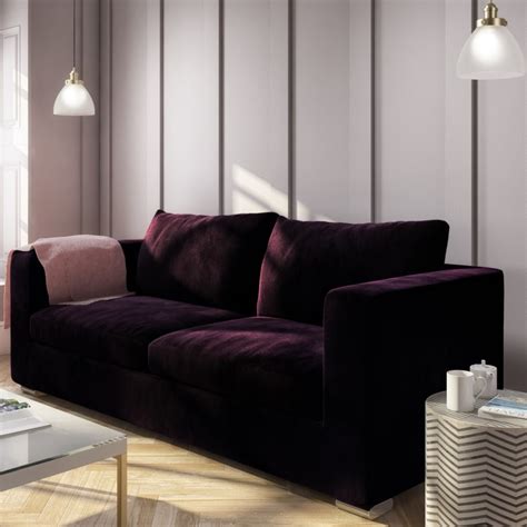 Grade A1 3 Seater Velvet Sofa In Dark Purple Aubergine Clara