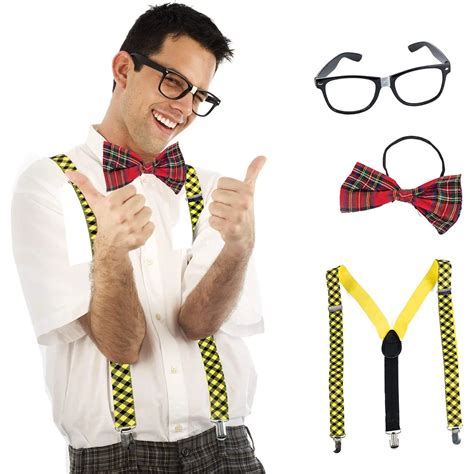 Nerd School Instant Kit Fancy Dress Geek Glasses Red Bow Tie And Red Suspenders Accessories Fashion