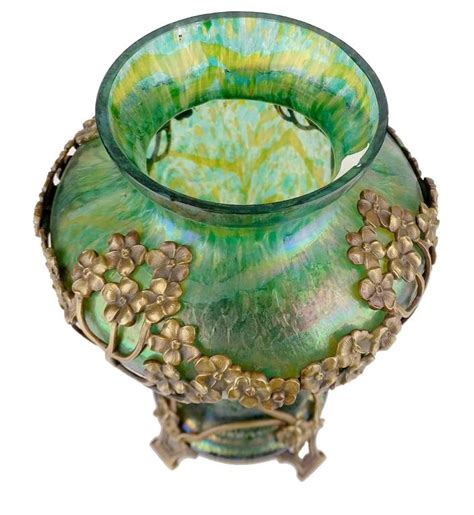 Large Art Nouveau Kralik Iridescent Glass Vase With Flower Bronze Overlay 1900s For Sale At 1stdibs