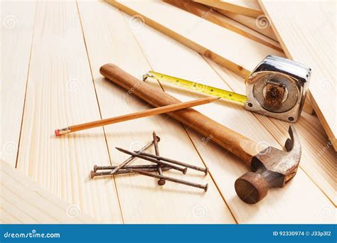 Carpentry Tools On Wooden Background Stock Photo Image Of Carpentry