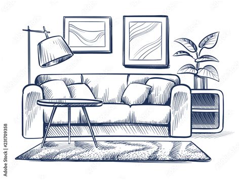 Sketch Living Room Doodle House Interior With Couch Lamp And Picture