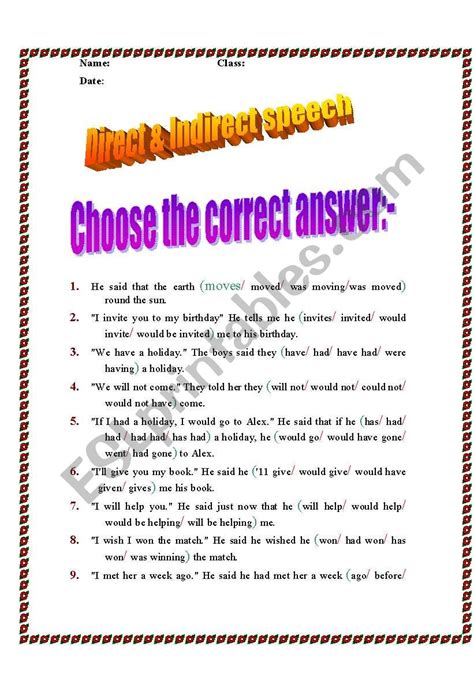 We are providing rules, example and exercise to help you with this topic. Direct & Indirect Speech exercises - ESL worksheet by Mr Atef