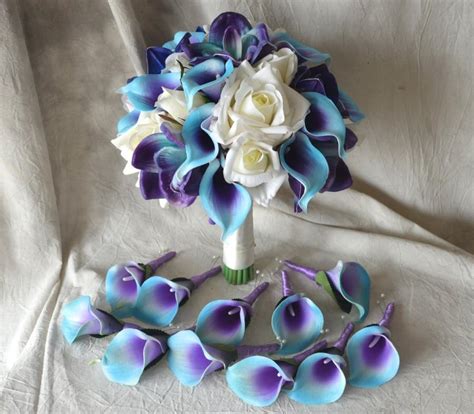 Bridal Bouquet Real Touch Flowers Blue Purple Calla Lily Ivory Roses