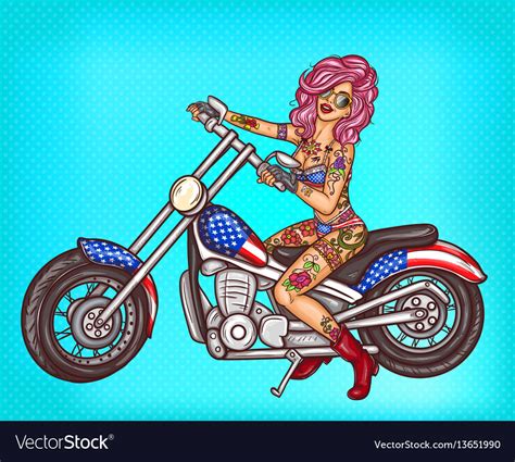 Pop Art Sexy Biker Girl Sitting On A Royalty Free Vector