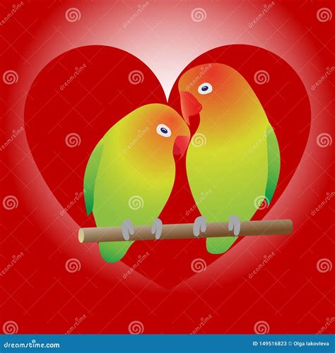 Two Parrots On Branch And Heart Stock Vector Illustration Of