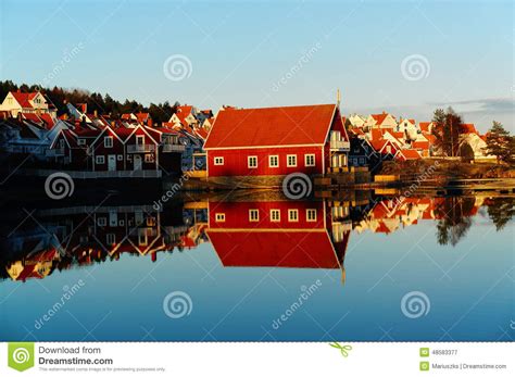 Red Wooden Cabins At Campsite By The Fjord Stock Image Image Of Ocean