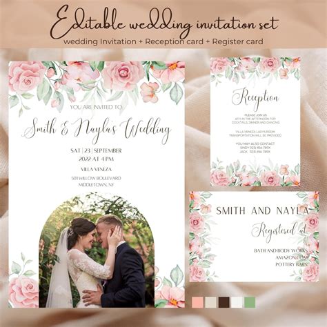 Printable Floral Wedding Invitation Set Watercolor Editable Etsy In