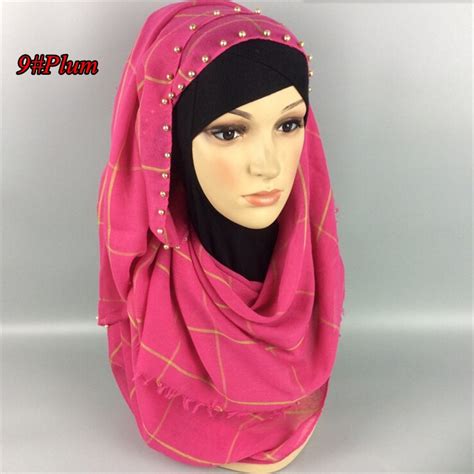 Mu1150 격자 무늬 인쇄 골드 진주 이슬람 긴 스카프 20 개 당 많은 2017 새로운 스타일의 이슬람 Hijabs 도매