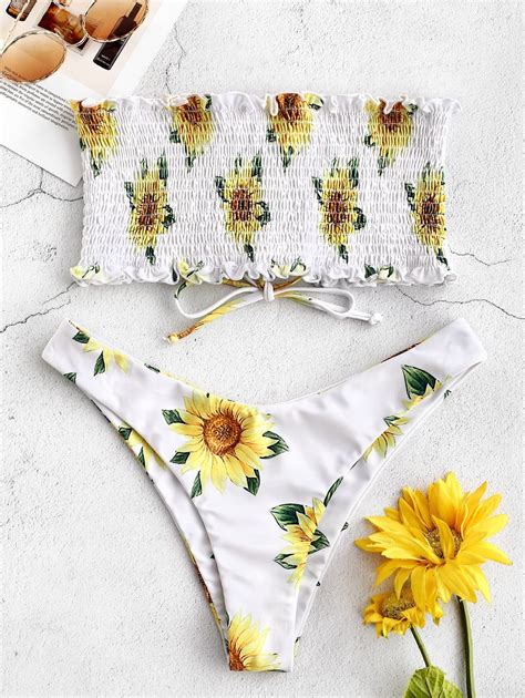 Sunflower Smocked Thong Bikini Set White Bikinis L Zaful Hot Sex Picture