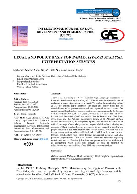 Pdf Legal And Policy Basis For Bahasa Isyarat Malaysia Interpretation
