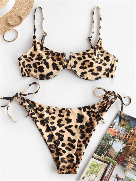 Zaful Leopard Snakeskin Tie Side Underwire Bikini Swimwear Deep Yellow