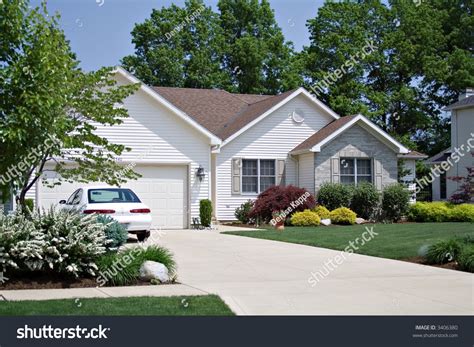Beautiful Home American Suburban Neighborhood Car Stock Photo 3406380