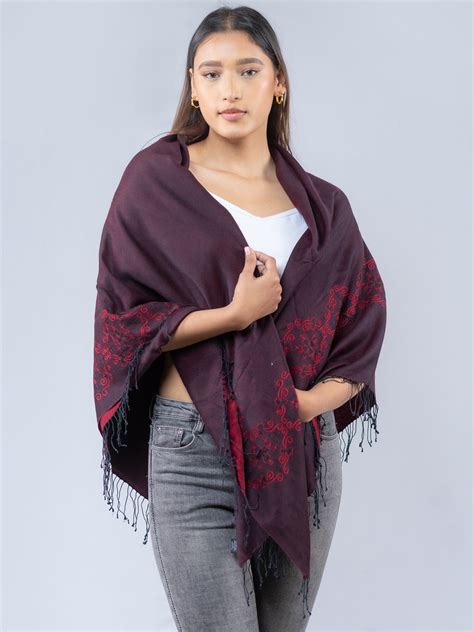 New-Maroon Extra-Wide Pashmina Silk Reversible Shawl from Nepal with