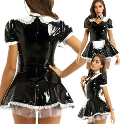 Sexy Womens French Maid Outfits Anime Cosplay Shiny Patent Leather Fancy Dress Ebay