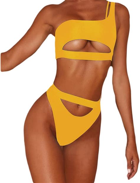 Bikini Multicolor One Shoulder Sexy Swimsuit Yellow Uk Xl Amazon