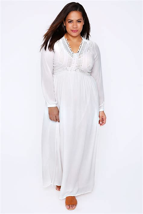 White Crochet Long Sleeve Maxi Dress With Pom Pom Detail Plus Size 16