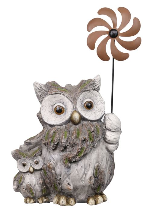 Two Owls Holding A Windmill Stake Garden Statue 15 Inch Tall