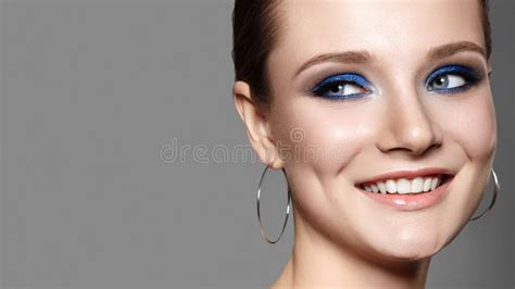 Beautiful Woman With Professional Blue Makeup Celebrate Style Eye Make
