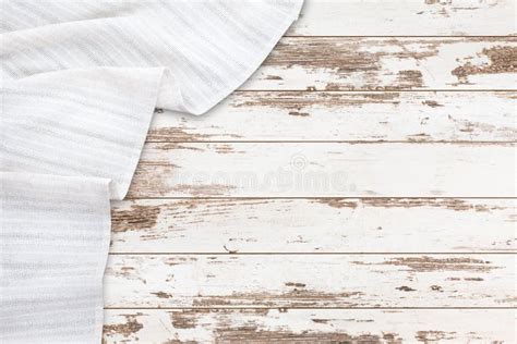 Old Vintage Wooden Table With White Tablecloth Top View Mockup Stock