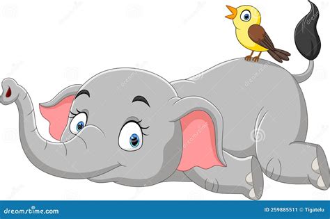Cute Elephant Cartoon Lying Down With Bird Stock Vector Illustration Of Cheerful Beautiful