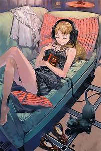 Anime, Girl, Headphones, Cat, Animal, Book, Mood