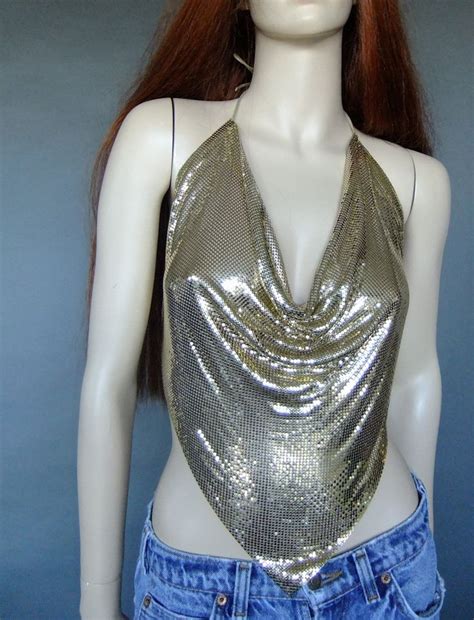 Gold Mesh Halter Top 70s Mesh Halter Liquid Gold Disco Etsy Canada Tops Halter Top Fashion